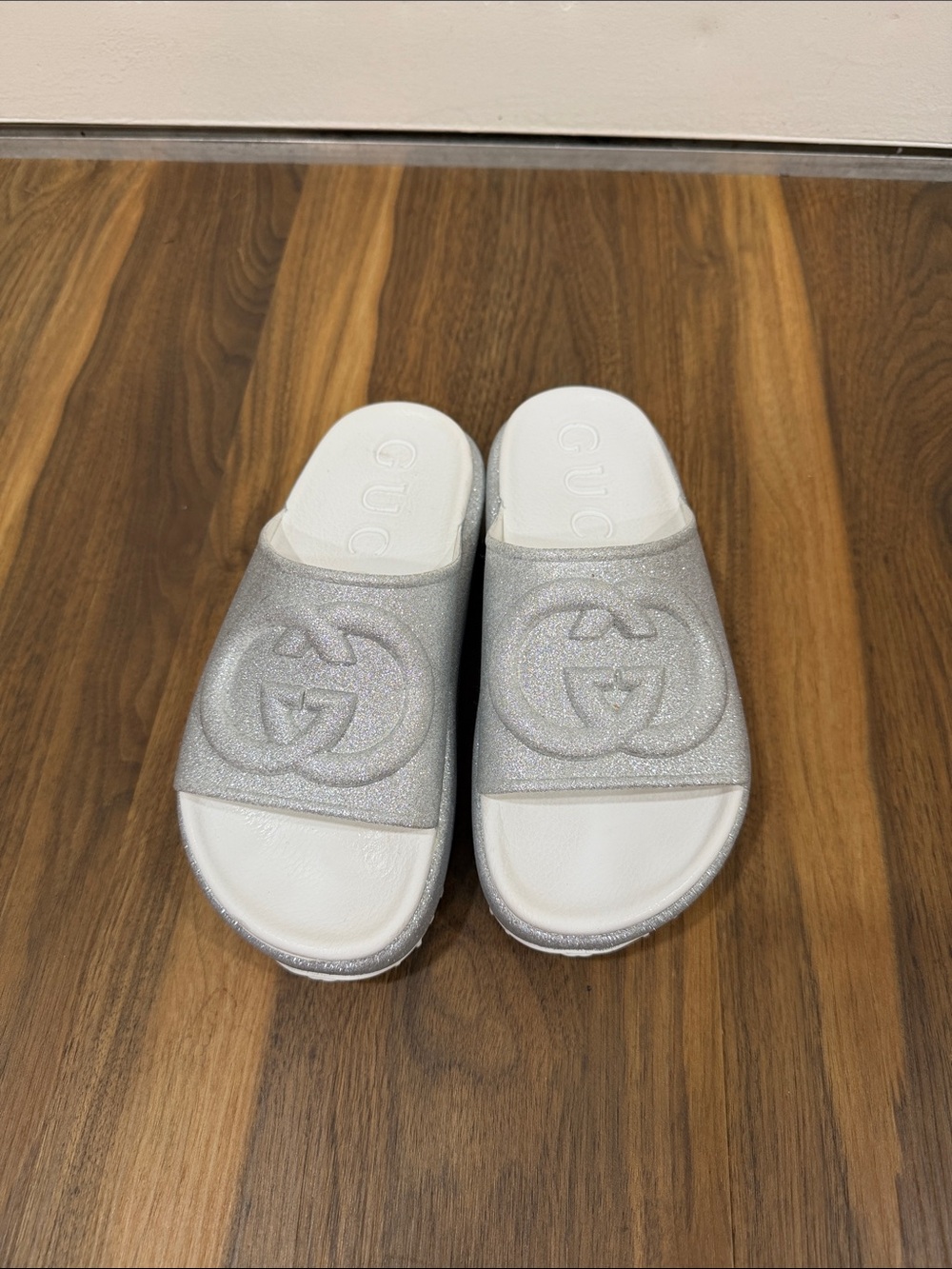 Gucci Silver Glitter Slide Sandals with Embossed Double G